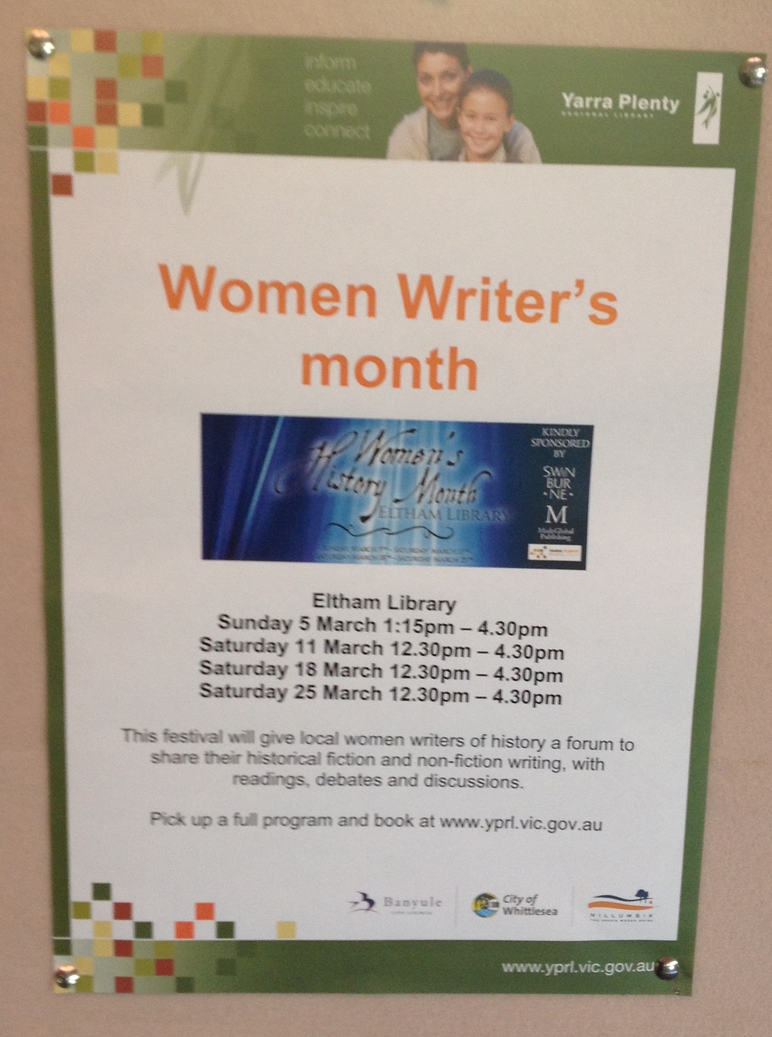 Sign in the foyer of the Eltham Library